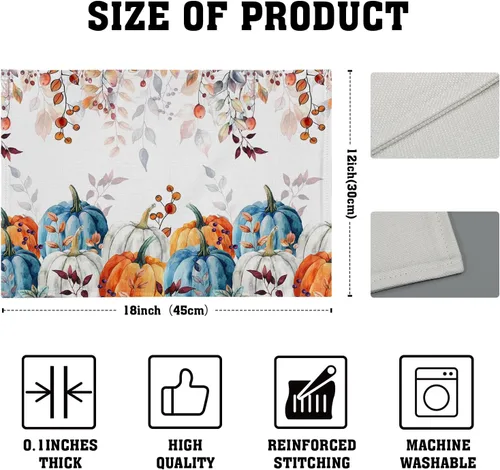 Vista 4 de Juego de 4 manteles individuales de otoño para mesa de comedor, hojas de calabazas de otoño, cosecha de Acción de Gracias, tela lavable