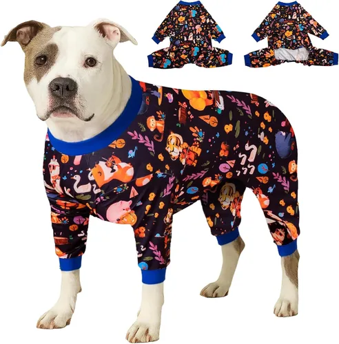 Vista 11 de LovinPet Monos para perros grandes: Pijamas para perros grandes, postoperatorio/cuidado de heridas, tela elástica ligera, estampado negro