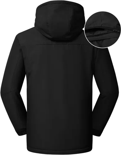Vista 3 de Rdruko Chaqueta impermeable de esquí para hombre, abrigo de montaña con capucha de forro polar aislado de invierno, negro, XL
