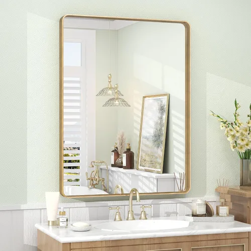 Vista 24 de Espejo rectangular para pared de baño de 20x30 pulgadas con marco negro mate, espejo de tocador con esquinas redondeadas, espejo de baño de metal