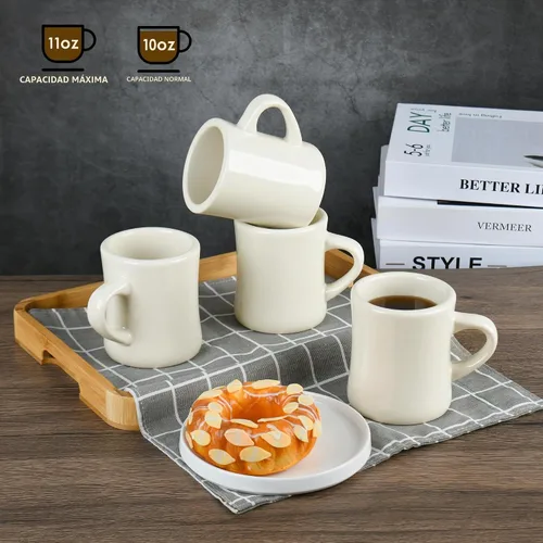 Vista 4 de Juego de 4 tazas de café blancas de 11 onzas, ideal para juego de cocina, viajes y té caliente (crema)