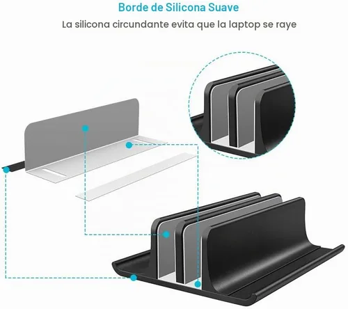 Vista 4 de Vaydeer Soporte vertical doble ajustable para computadora portátil, nuevo diseño, 2 ranuras de aluminio, soporte doble para Negro