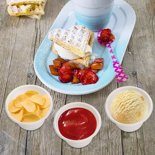 Vista 6 de SOUJOY Paquete de 100 vasos desechables con tapas, taza de helado compostable de bagazo de 4.5 onzas, recipiente pequeño de muestra de condimentos