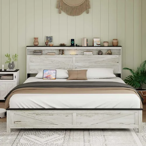 Vista 8 de Base de cama de madera de pino con estante de cabecera de carga de luces, cama de plataforma de tamaño matrimonial, color blanco rústico y gris, sin