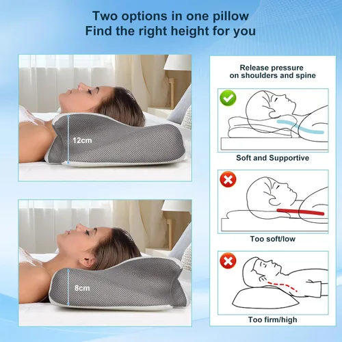 Vista 2 de Neck Pillow Ergonomic Orthopaedic Pillow Memory Foam Pillow 2 Height Options with Neck Support Ideal for Side Sleepers and Back Pain Grey