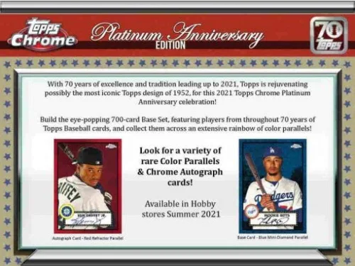 Vista 2 de Caja hobby de béisbol Topps Chrome Platinum Anniversary 2021 (24 paquetes/4 cartas: 1 auto)