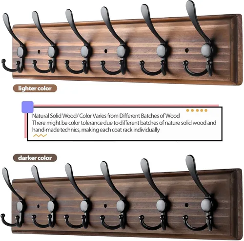 Vista 4 de Perchero de Pared de Montaje en Pared, Perchero de Pared de Madera Resistente para Pared, 6 Ganchos Triples para Colgar Abrigos, Chaqueta, Sombrero