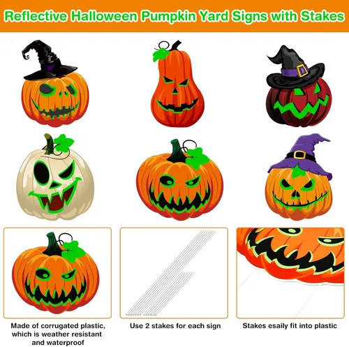 Vista 2 de Soaoo Paquete de 6 carteles fluorescentes de calabaza de Halloween de 16 pulgadas con estacas, caras espeluznantes y sombrero de bruja, letreros
