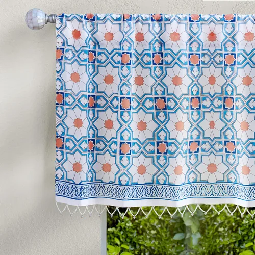 Vista 15 de Saffron Marigold Cortina de cenefa impresa a mano con ribete de cuentas, velo de novia blanco, perfecta para cocina, dormitorio, baño, comercio