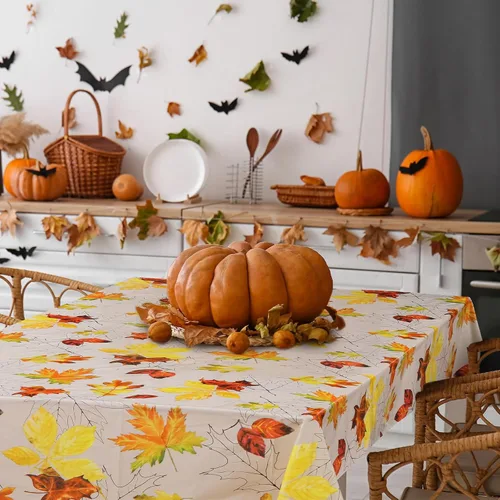 Vista 4 de Hosuly Mantel rectangular desechable de 100 x 40 pulgadas, diseño de hojas de arce de otoño, mantel de plástico para otoño, mantel de cosecha