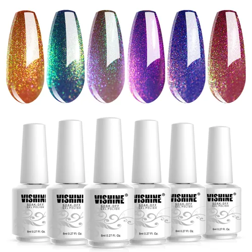 Vista 4 de Vishine Esmalte de uñas de gel holográfico, Galaxy Glossy Chameleon, juego de esmaltes de gel con purpurina, esmalte de gel brillante, salón de arte