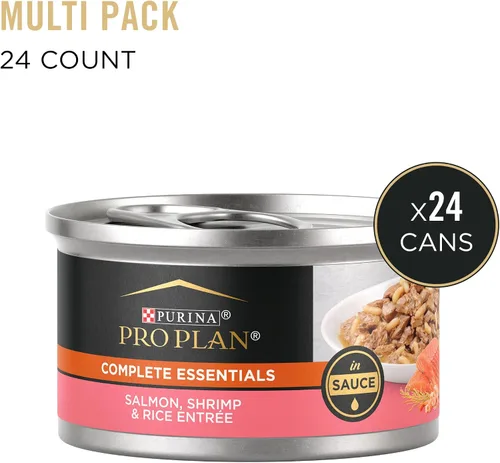 Vista 3 de Purina Pro Plan COMPLETE ESSENTIALS - Comida húmeda para gatos en salsa, paté, salsa, salmón, camarones y arroz en salsa, (24) latas de 3 onzas