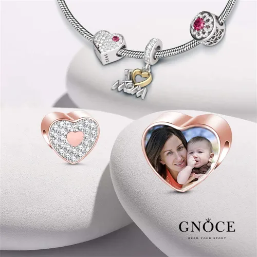 Vista 3 de GNOCE Custom Photo Charms Bead Heart Shaped Sterling Silver Personalized Charm With Cz fit Bracelet Necklace For Women Family Memorial Girls