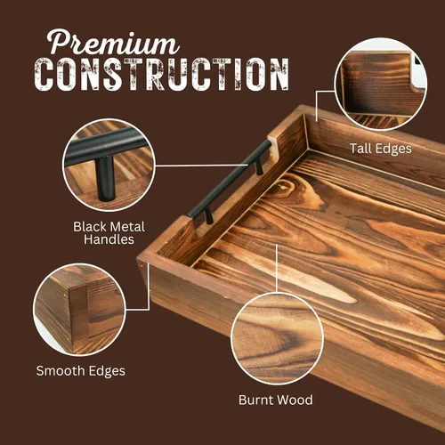 Vista 2 de Bandejas de bambú natural para servir modernas bandejas decorativas Otman con asas de metal, perfectas para sala de estar, dormitorio, entrada
