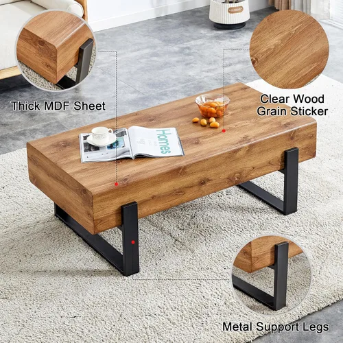 Vista 6 de Mesa de centro de madera, mesa central rectangular de 47.2 pulgadas con escritorio de MDF y patas de metal, moderna mesa de té de madera maciza