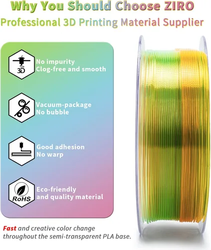 Vista 3 de ZIRO - Rápido cambio de color PLA, filamento translúcido multicolor de 1.75mm, material para impresión 3D, carrete de 1kg, precisión dimensional