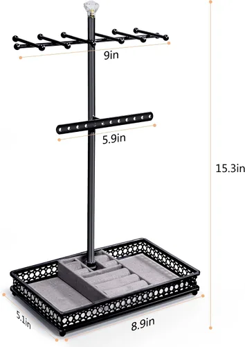 Vista 7 de Meangood Organizador de soporte para árbol de joyería, organizador de collares 3 en 1, exhibición de pulseras, aretes y bandeja para anillos