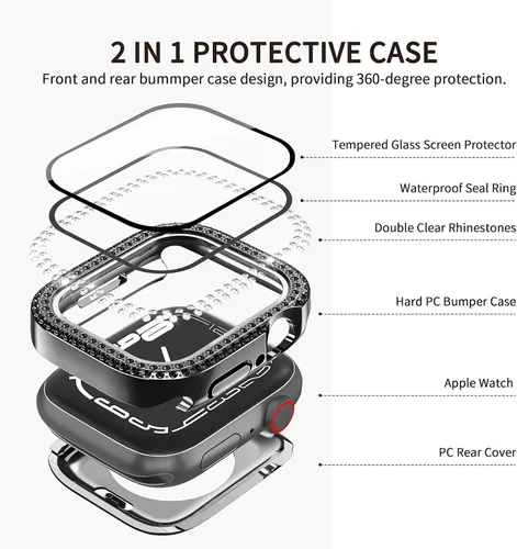 Vista 2 de Funda impermeable 2 en 1 compatible con Apple Watch de 1.575 pulgadas, protector de pantalla SE3/SE2/SE Series 6/5/4, cubierta facial con diamantes