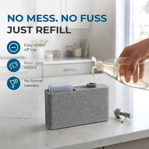 Vista 6 de Havara - Dispensador de jabón para platos de resina de granito con soporte para esponja, gris piedra Kitchen Soap Dispenser & Sink Organizer for