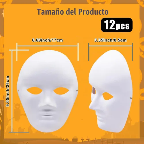 Vista 2 de Paquete de 12 máscaras faciales completas blancas en blanco, máscaras de papel maché con correa elástica para bailes de máscaras, cosplay