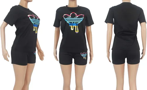 Vista 3 de Molilove - Conjunto deportivo estilo casual de 2 piezas para mujer, con camiseta de hombros descubiertos y pantalones cortos ajustados