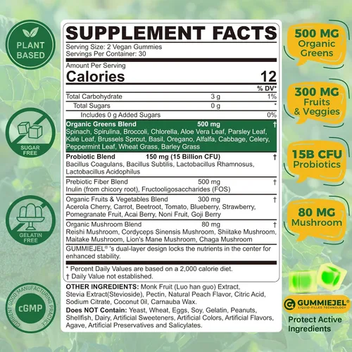 Vista 2 de Gomitas orgánicas Super Greens Daily Superfood + probióticos, espirulina