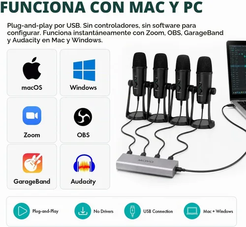 Vista 8 de Movo - Paquete de equipo de podcast USB para 4 personas, 4 micrófonos de condensador, Hub y estuche Negro