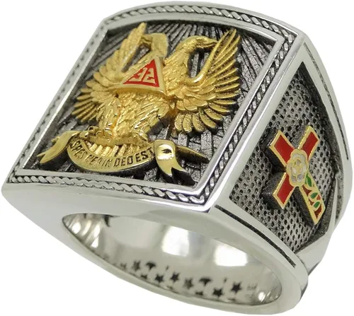 Vista 8 de UNIQABLE KTR023 - Anillo de plata de ley con alas de 32 grados para caballeros masónicos, chapado en oro de 18 quilates