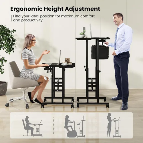 Vista 4 de Tangkula Escritorio de pie móvil, escritorio portátil con ruedas Height-adjustable Standing Table w/Tilting Tabletop, Laptop Workstation w/Hanging