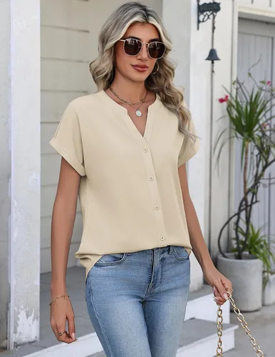 Vista 4 de Zeagoo Camisas con botones para mujer, camisetas de manga corta, cuello en V, blusas casuales de negocios