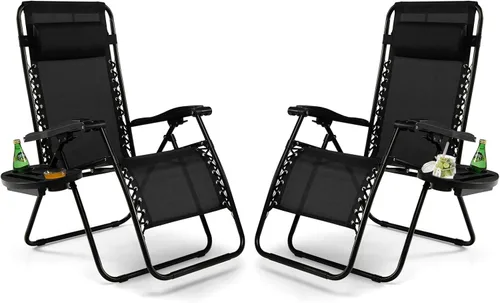 Vista 20 de Tangkula Zero Gravity - Silla plegable para patio, reclinable, ajustable, con soporte para tazas, reposabrazos anchos para patio, jardín, piscina