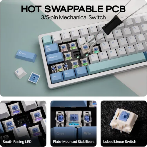 Vista 6 de EPOMAKER Galaxy65 Teclado mecánico inalámbrico QMKVIA, teclado personalizado de aluminio anodizado con captura de bolas, interruptor intercambiable