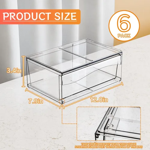 Vista 3 de Paquete de 6 cajones de almacenamiento apilables transparentes, organizador de maquillaje de baño grande de 12 pulgadas de ancho y bolígrafo, lentes