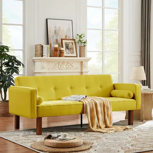 Vista 3 de Sofá cama de tela moderna, sofá cama convertible con 2 almohadas y reposabrazos, sofá reclinable plegable de 75 pulgadas con patas de madera maciza