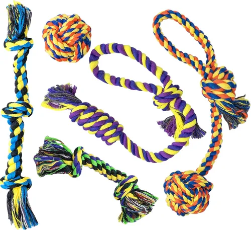 Vista 6 de SHARLOVY - Juguetes para perros grandes y masticadores agresivos Indestructible XL Durable Dog Toy,5-Knot Rope Tug,Heavy Duty Chew Sturdy Cotton