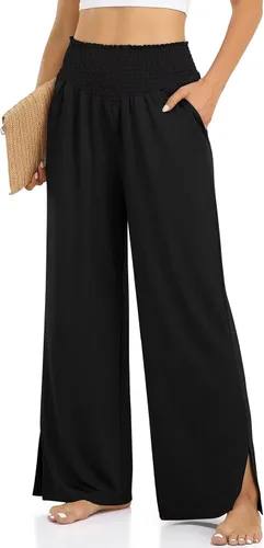 Vista 2 de UEU Pantalones holgados casuales de pierna ancha para mujer, pantalones deportivos de yoga de cintura alta, pantalones palazzo con abertura lateral