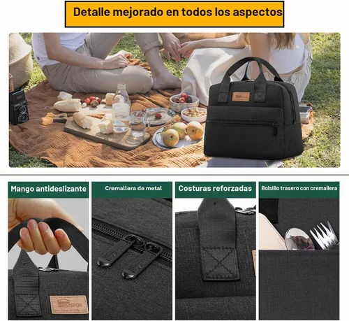 Vista 4 de HOMESPON Bolsa de almuerzo aislada para mujeres y hombres, lonchera hielera para el trabajo, picnic (negro)