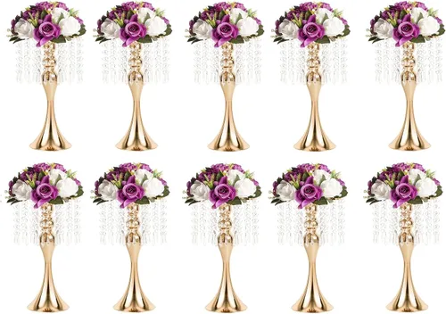 Vista 14 de Centros de mesa de boda para mesas, 21.3 pulgadas, 2 jarrones de metal dorado con cristal Soporte de flores para centros de mesa de boda