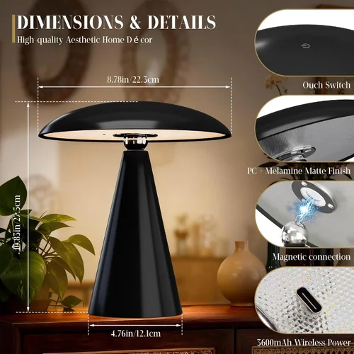 Vista 2 de Linda lámpara estética de hongos, moderna lámpara magnética de mediados de siglo con iluminación de 3 modos para decoración única de hongos del Negro