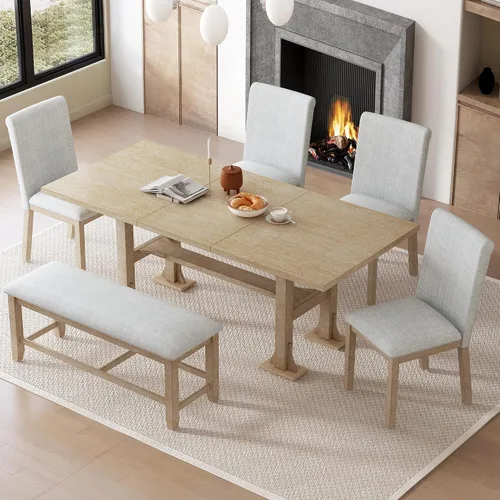 Vista 10 de LUMISOL 6-Piece Extendable Dining Table Set, Farmhouse Dining Room Set with 4 Chairs and Bench, 76 Inch Trestle Table with 18 Inch Removable Leaf