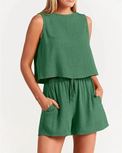 Vista 3 de Conjunto de 2 piezas para mujer, sin mangas, ombliguera de lino, pantalones cortos de lino, conjunto a juego de moda sin espalda