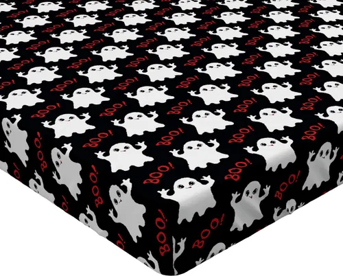 Vista 3 de Ambesonne Sábana bajera ajustable con diseño de fantasmas, diseño de fantasmas tontos sobre textos de abucheo negro, ropa de cama de tela decorativa