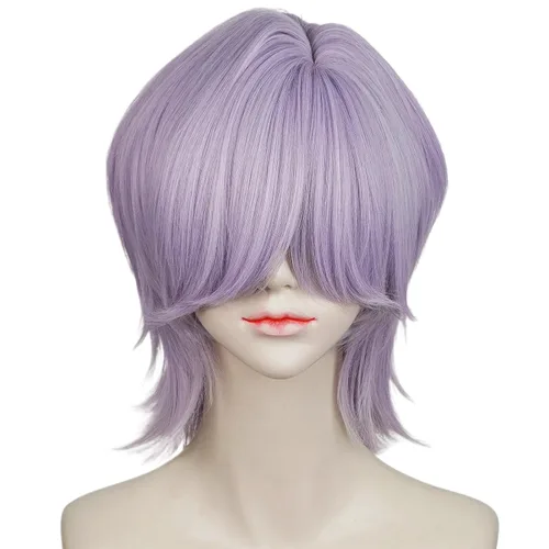 Vista 14 de LABEAUTÉ Peluca corta negra para cosplay, peluca de estilo anime masculino, fibra sintética resistente al calor, para cosplay, pelo sintético