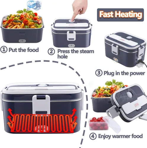 Vista 6 de Nifogo Fiambrera eléctrica, calentador de alimentos de 80 W, fiambreras calentadas para hombres, 1.8 l, lonchera eléctrica para adultos, portátil