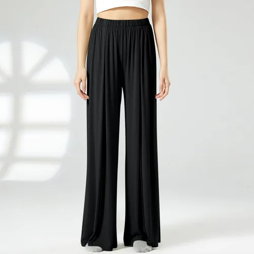 Vista 4 de Mnyycxen Pantalones acogedores para mujer, de cintura alta, fruncidos, de sarga con gráficos laterales, pantalones casuales de pierna ancha