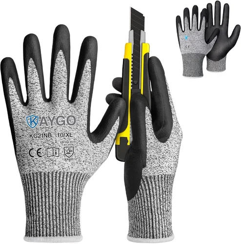 Vista 15 de KAYGO - Guantes de nitrilo resistentes a cortes para tareas de agarre aceitoso y húmedo ANSI A3, HPPE/Forro de fibra de vidrio, agarre
