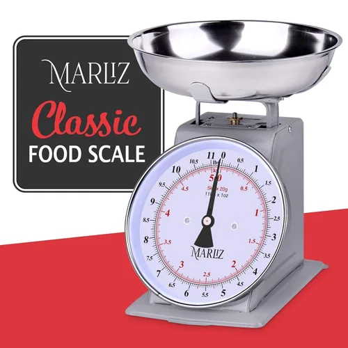 Vista 8 de MARLIZ Báscula de cocina mecánica de estilo antiguo antiguo de 11 libras con 2 tazones Báscula analógica de alimentos para cocina Gris