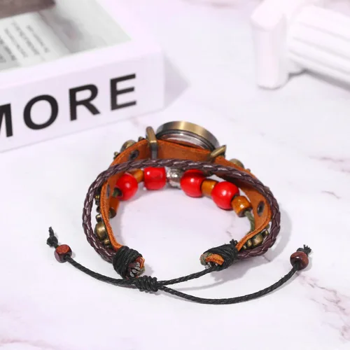 Vista 3 de JewelryWe Reloj de pulsera de cuero de moda para mujer, estilo clásico, bohemio, cuarzo, pulsera