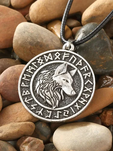 Vista 5 de HAQUIL Viking Wolf Necklace, Ancient Runes Medallion with Fenrir Wolf Head Pendant, Viking Jewelry Gift