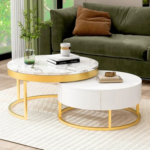 Vista 22 de Mesa de café redonda, mesa de café moderna de 31.5" con 2 cajones grandes de almacenamiento, tapa de mesa con patrón de mármol, mesa central